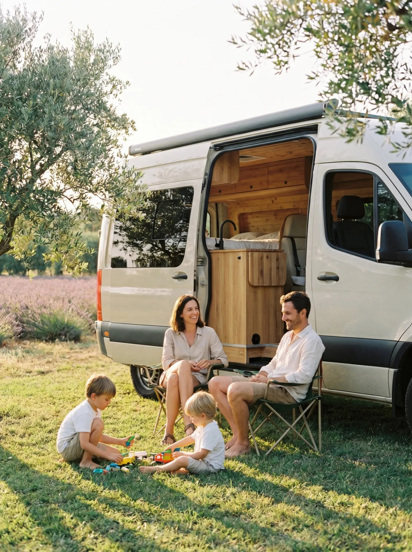 Famille avec deux enfants profitant d’un véhicule Neo-NOMAD aménagé dans la campagne provençale