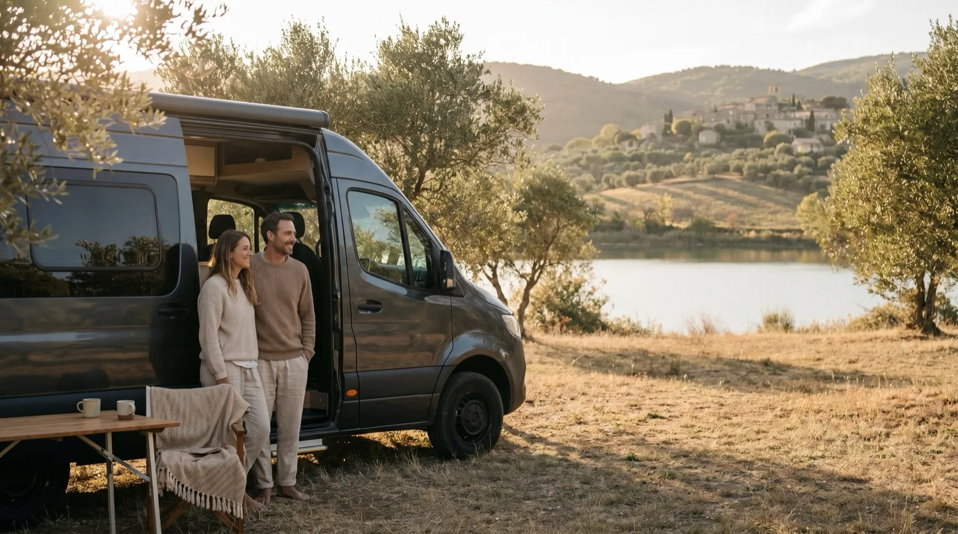 Couple détendu près de leur véhicule Neo-NOMAD premium au bord d’un lac de Provence au coucher du soleil