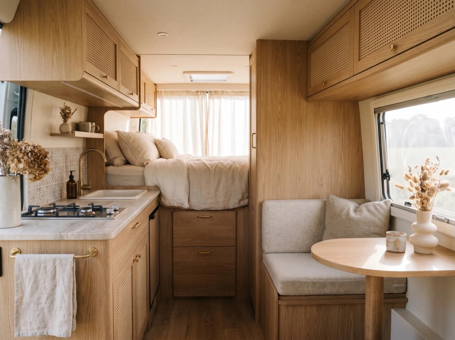 Intérieur d'un véhicule Neo-NOMAD : finitions bois clair, lin et lumière du matin