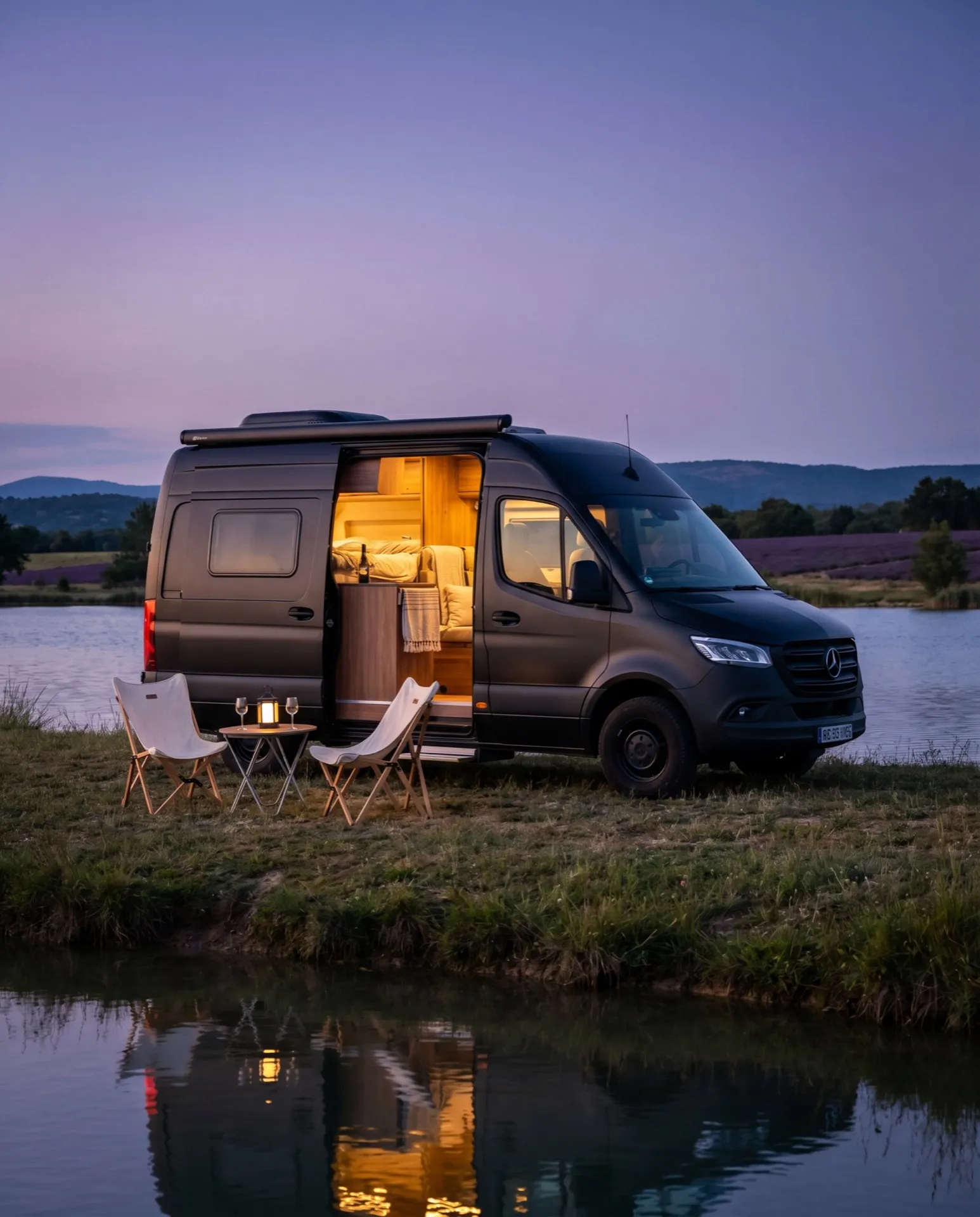 Véhicule Neo-NOMAD au crépuscule au bord d’un lac de Provence, lueur chaleureuse
