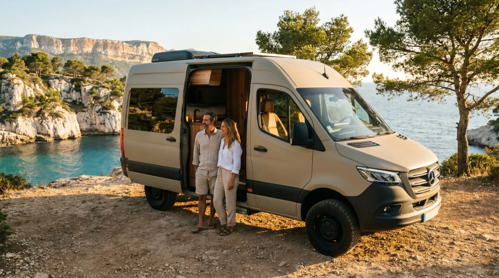 Neo-NOMAD camperbus bij zonsopgang in de heuvels van de Provence