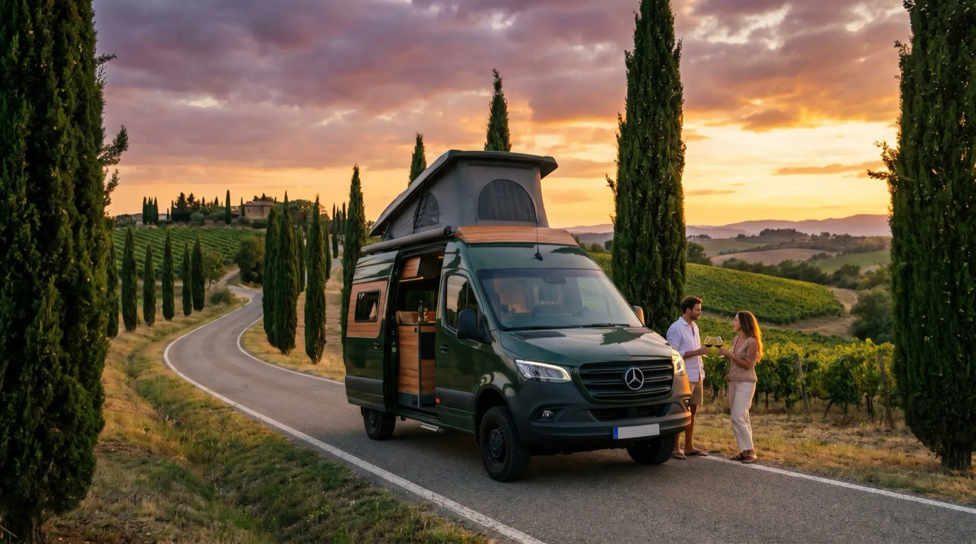 Furgoneta Neo-NOMAD en un paisaje de la Provenza a la hora dorada