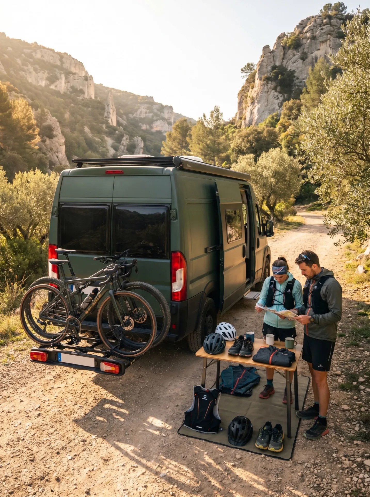 Camp de base technique : véhicule Neo-NOMAD avec porte-vélos et matériel d’athlètes dans un canyon de Provence