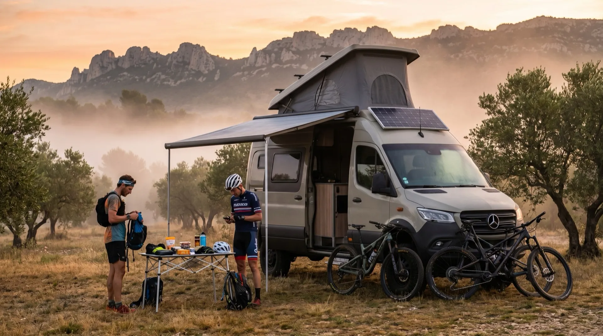 Camp de base technique autour d’un véhicule Neo-NOMAD premium au lever du soleil, vélos et cyclistes en préparation dans les montagnes de Provence