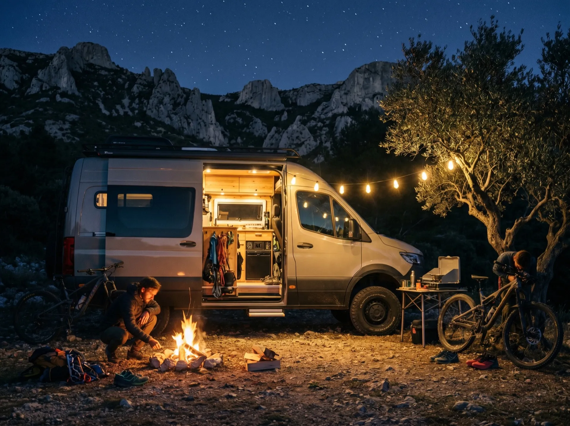 Camp de base technique d’un véhicule Neo-NOMAD la nuit en montagne de Provence, vélos et matériel sous un ciel étoilé