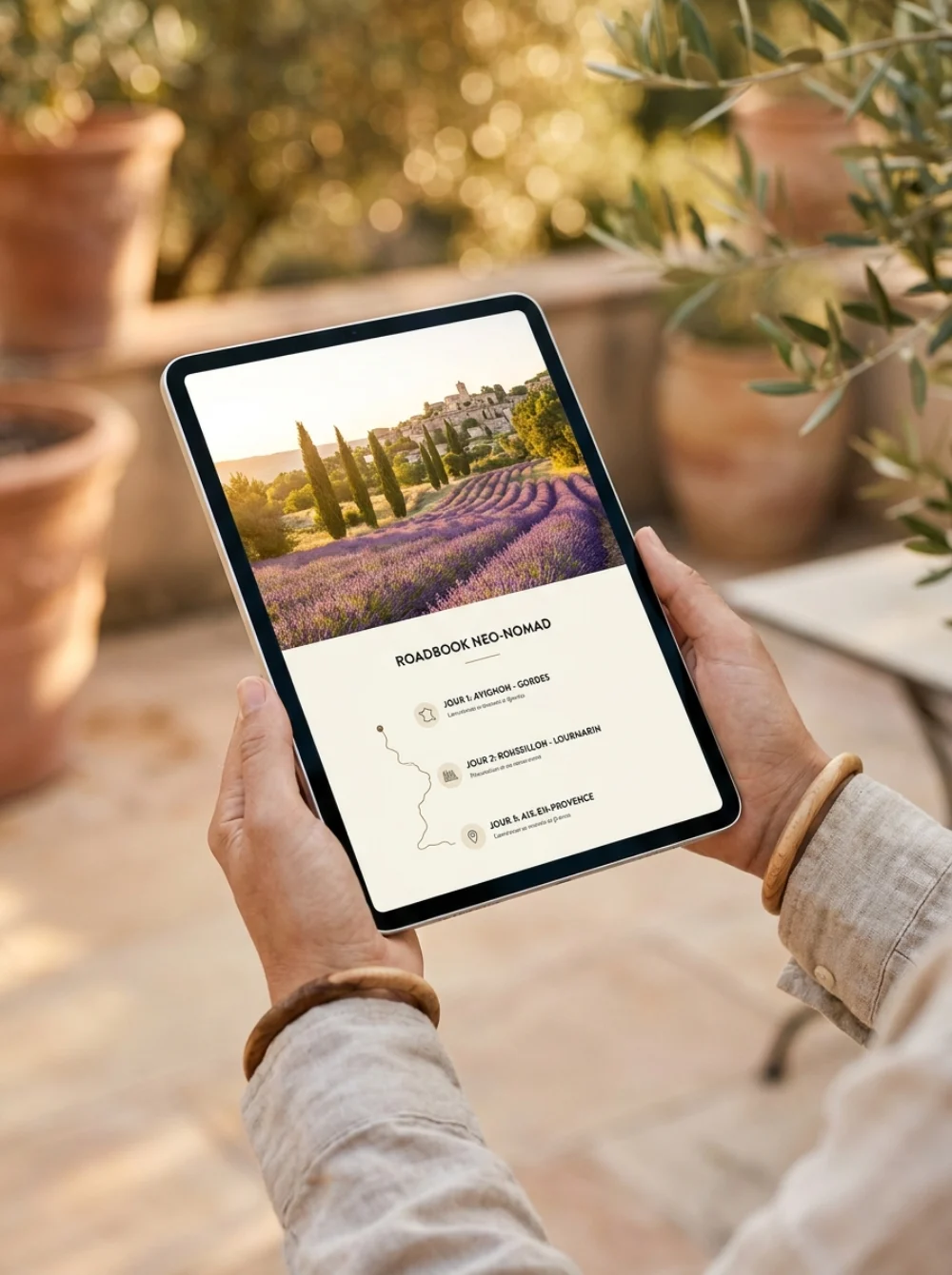 Roadbook digital Neo-NOMAD sur tablette : vue de la région Sud Provence-Alpes-Côte-d’Azur et itinéraire jour par jour à l'écran