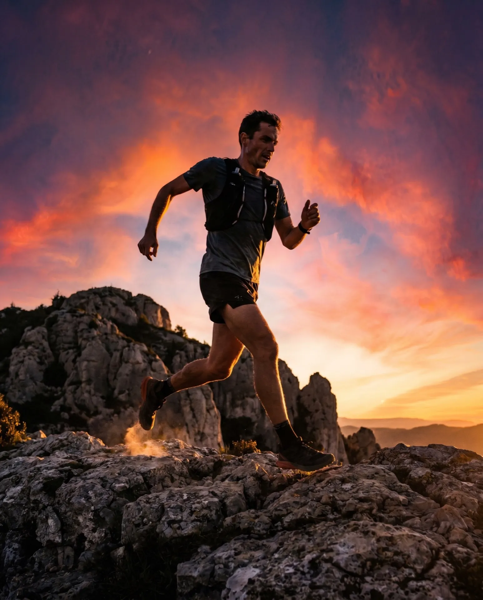 Corredor de trail en la Provenza con la luz rasante del amanecer junto a una furgoneta Neo-NOMAD