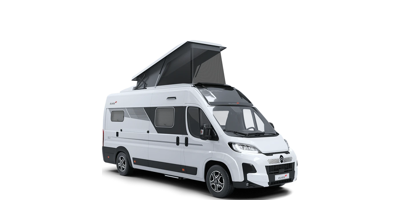 Fourgon aménagé Elios 63 GX Sky-Lift détouré, toit relevable ouvert, vue trois quarts avant