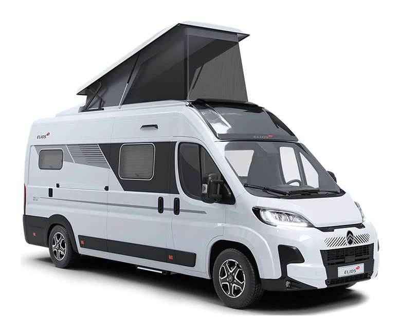 Fourgon aménagé Elios 63 GX Sky-Lift, toit relevable ouvert, vue trois quarts avant
