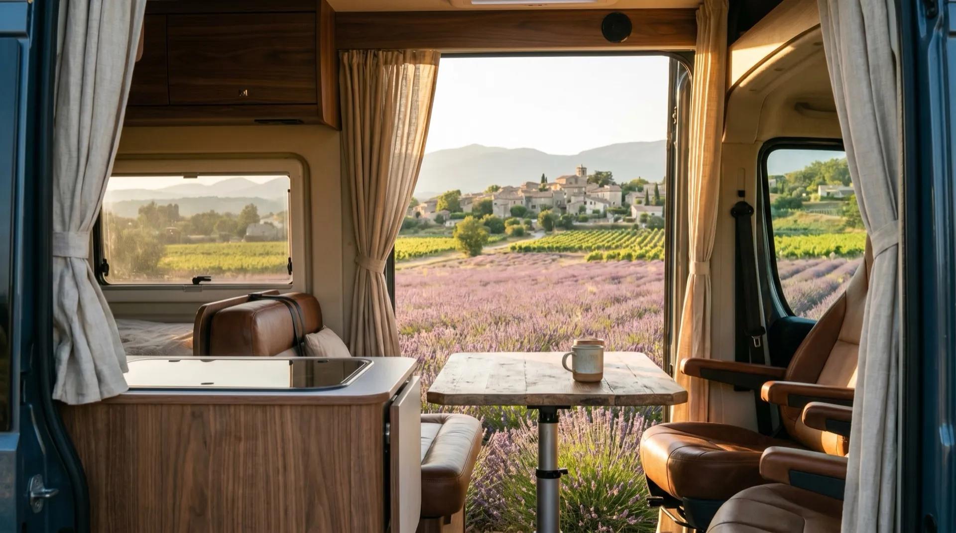 L'orizzonte della Provenza che scorre dal finestrino di un van Neo-NOMAD